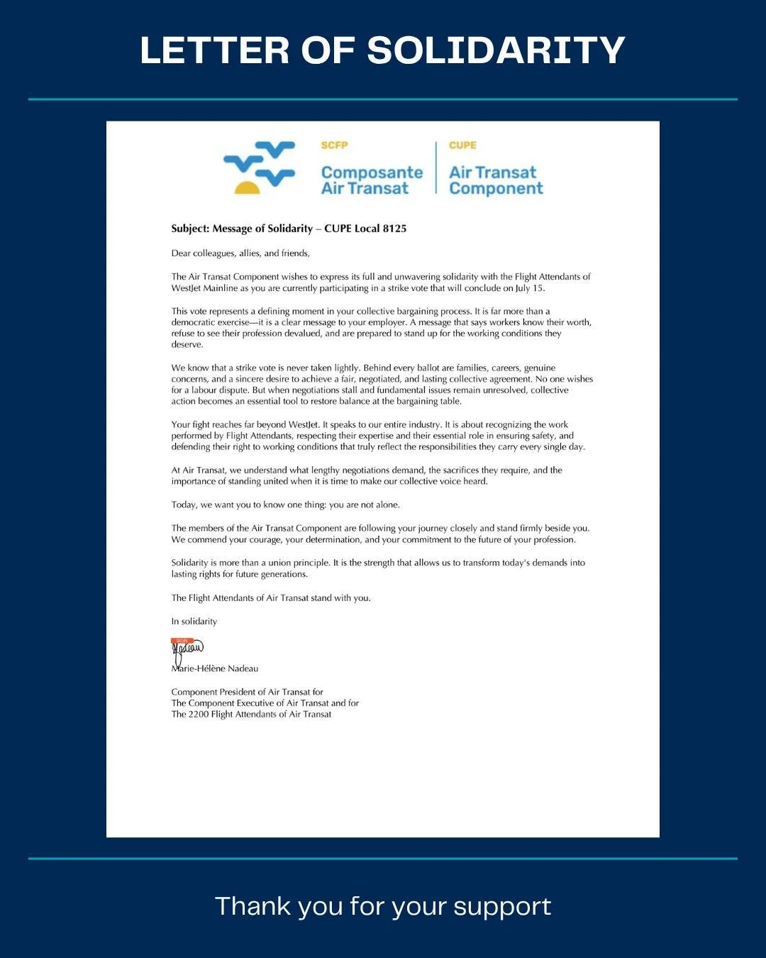 ✊ Thank You, Air Transat Component of CUPE ✊

We extend our sincere thanks to Air Transat Component for their powerful letter of solidarity and support. Acts of unity like this remind us that when workers stand together, our collective voice is stron