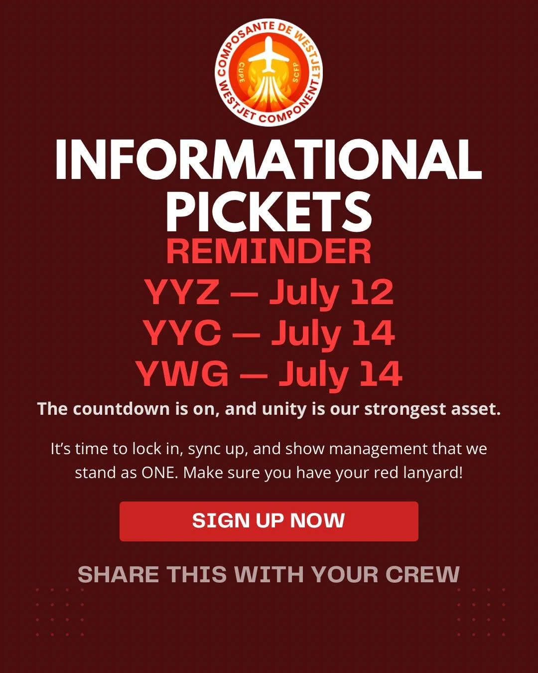 🚨 REMINDER: THIS IS OUR MOMENT TO STAND TOGETHER! 🚨

With a potential job action on the horizon, we need everyone to show up, step up, and make their voice heard. This is our opportunity to show both the company and the public that we stand togethe