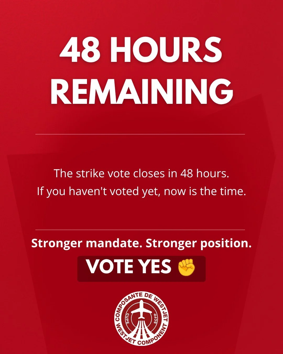 Here is the updated caption, emphasizing the 48-hour countdown. This version remains bilingual and well under the 2200-character limit.

🗳️ YOUR VOICE. YOUR VOTE. YOUR FUTURE.

48 HOURS REMAINING! The strike vote is open. Check your inbox and make y