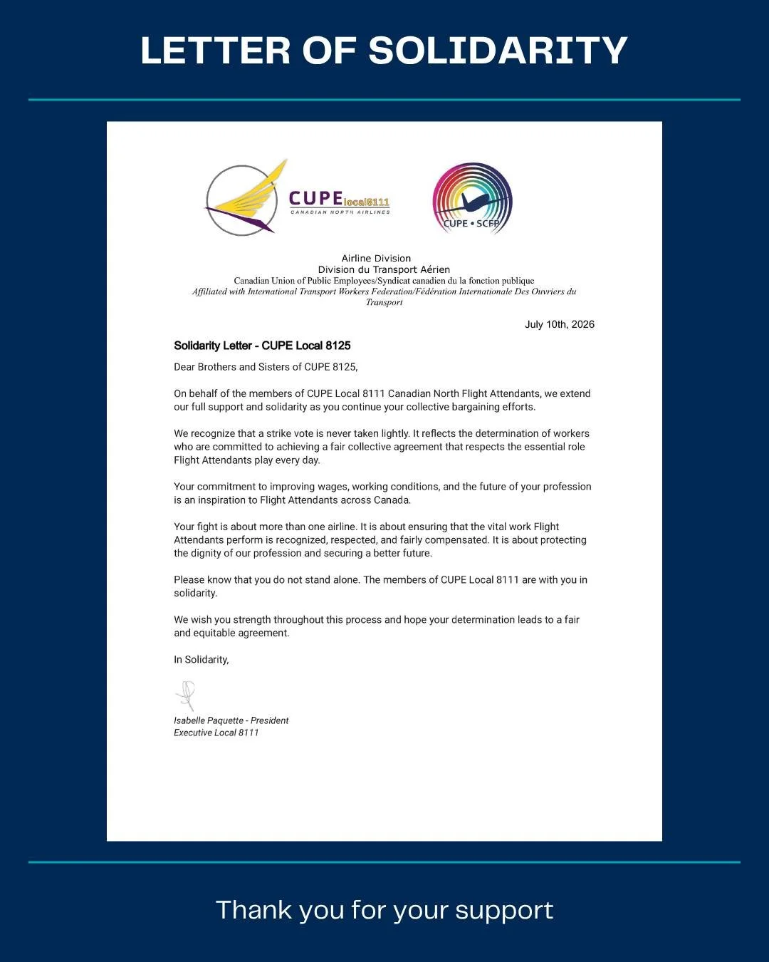 ✊ Thank You, CUPE Local 8111 ✊

We extend our sincere thanks to CUPE 8111, representing Canadian North Cabin Crew for their powerful letter of solidarity and support. Acts of unity like these remind us that when workers stand together, our collective