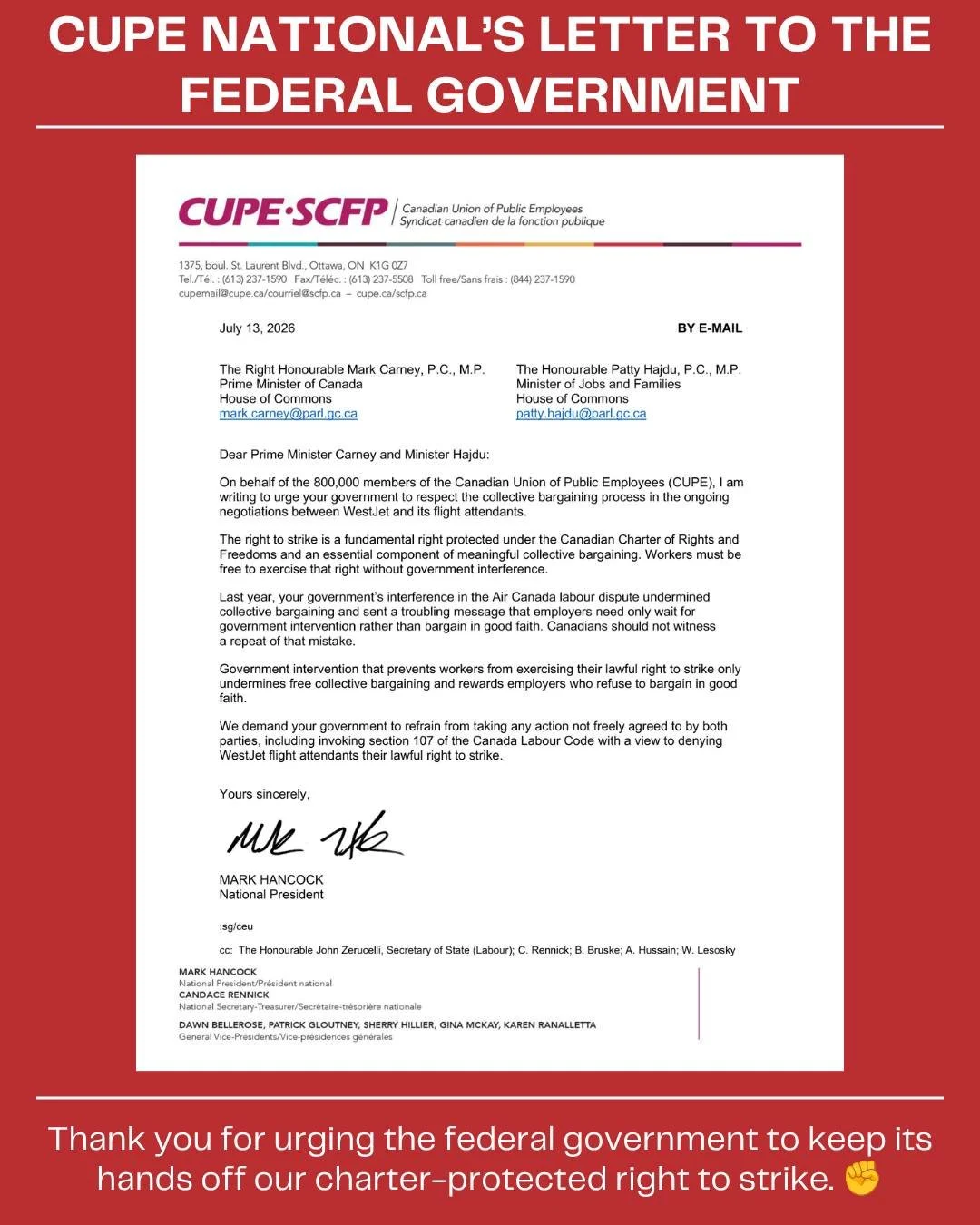 Thank you to CUPE National for writing to Prime Minister Carney and Minister Hajdu in support of WestJet Mainline flight attendants and our right to free and fair collective bargaining.

We appreciate your support and your call for the federal govern