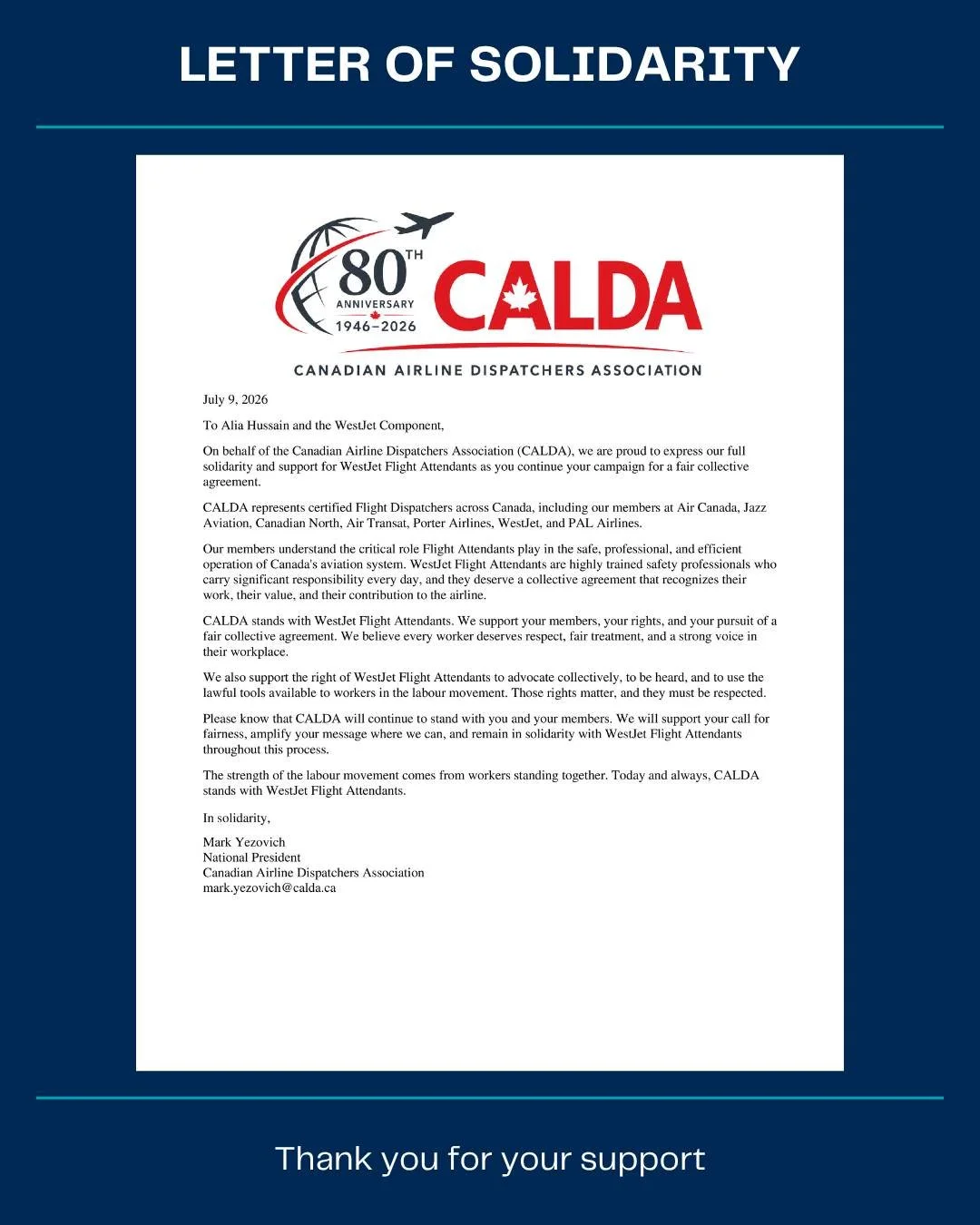 ✊ Thank You, CALDA ✊

We extend our sincere thanks to CALDA representing flight dispatchers across Canada for their powerful letter of solidarity and support. Acts of unity like this remind us that when workers stand together, our collective voice is
