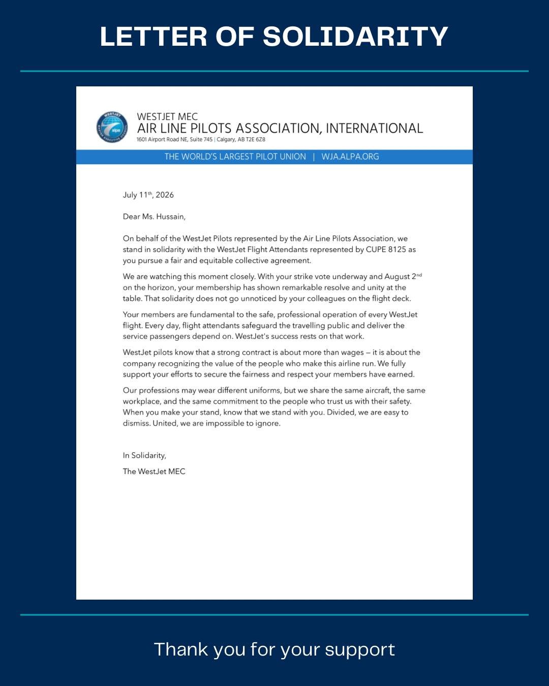 ✊ Thank You, WestJet Mainline ALPA ✊

We extend our sincere thanks to WestJet mainline ALPA, representing WestJet mainline pilots, for their powerful letter of solidarity and support. Acts of unity like this remind us that when workers stand together