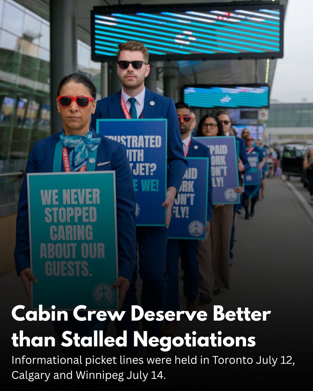 The turnout and solidarity demonstrated at our informational picket lines in YYZ on July 12 and in YYC and YWG on July 14 were remarkable.

Thank you to every member who took part and helped make these events a success. The strong participation acros