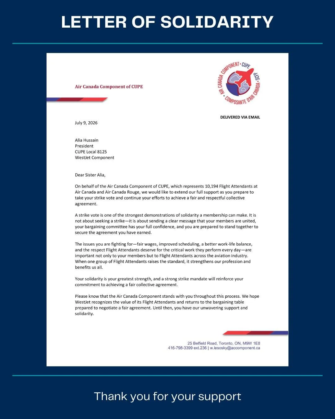 ✊ Thank You, Air Canada Component ✊

We extend our sincere thanks to Air Canada Component, representing Air Canada and Air Canada Rouge Flight Attendants, for their powerful letter of solidarity and support. Acts of unity like this remind us that whe