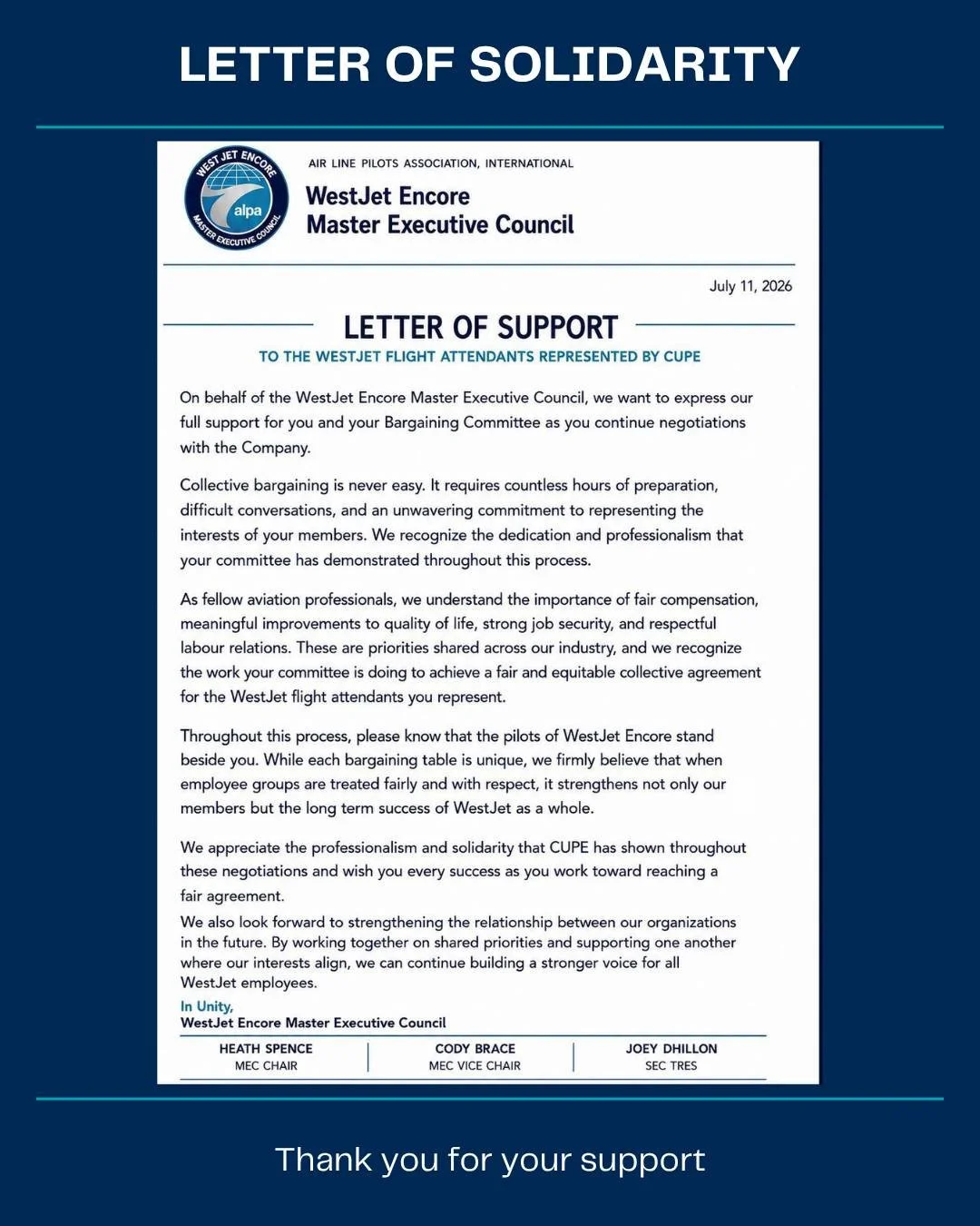 ✊ Thank You, WestJet Encore ALPA ✊

We extend our sincere thanks to WestJet Encore ALPA, representing WestJet Encore pilots, for their powerful letter of solidarity and support. Acts of unity like this remind us that when workers stand together, our 