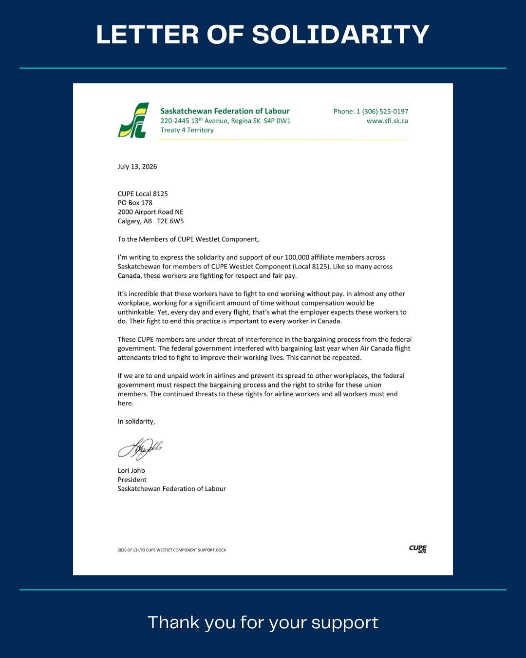 ✊ Thank You, Saskatchewan Federation of Labour ✊

We extend our sincere thanks to the Saskatchewan Federation of Labour for their powerful letter of solidarity and support. Acts of unity like this remind us that when workers stand together, our colle