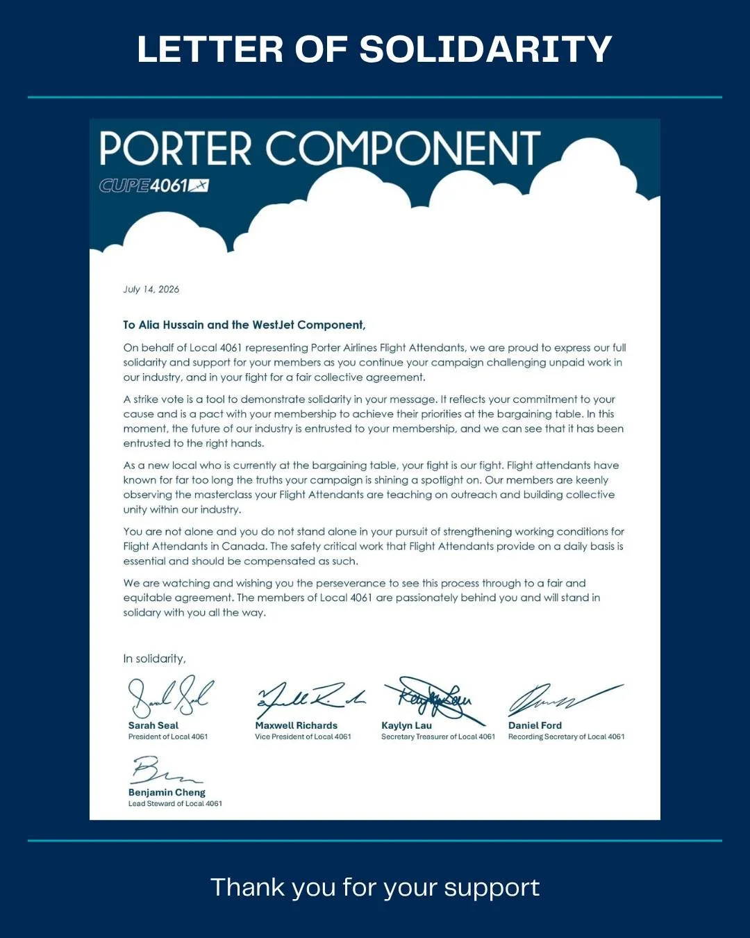 ✊ Thank You, CUPE 4061 Porter Component ✊

We extend our sincere thanks to the CUPE 4061 Porter Component, representing Porter Flight Attendants, for their powerful letter of solidarity and support. Acts of unity like this remind us that when workers