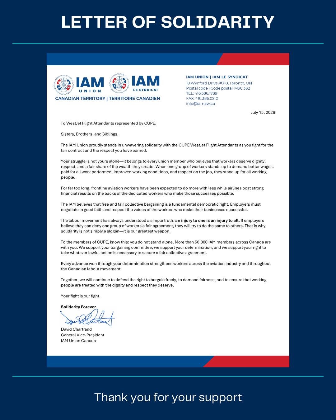 ✊ Thank You, IAM Union ✊

We extend our sincere thanks to the IAM Union for their powerful letter of solidarity and support. Acts of unity like this remind us that when workers stand together, our collective voice is stronger.

Letters of solidarity 