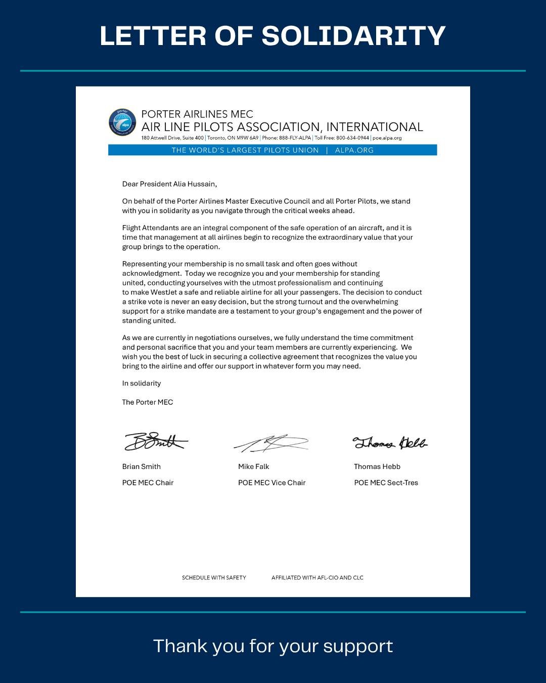 ✊ Thank You, Porter ALPA ✊

We extend our sincere thanks to Porter ALPA, representing Porter pilots, for their powerful letter of solidarity and support. Acts of unity like this remind us that when workers stand together, our collective voice is stro