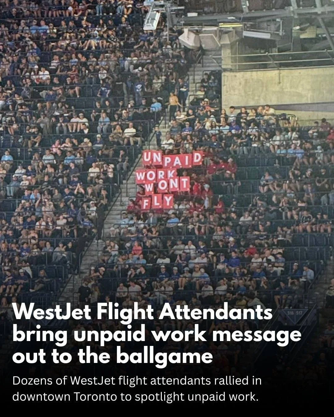 ⚾✈️ Dozens of WestJet flight attendants brought their message about unpaid work to the ballgame yesterday. We hosted an informational picket in downtown Toronto and spoke directly with the public about the need for fair compensation for all hours wor
