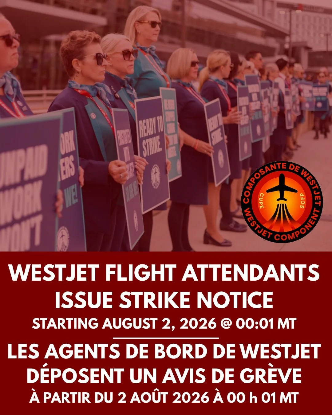 🚨 STRIKE NOTICE ISSUED 🚨

Tonight, the WestJet Mainline Bargaining Committee formally issued strike notice after negotiations remained too far apart on several key issues.

This does not mean bargaining has ended. Discussions will continue as both 