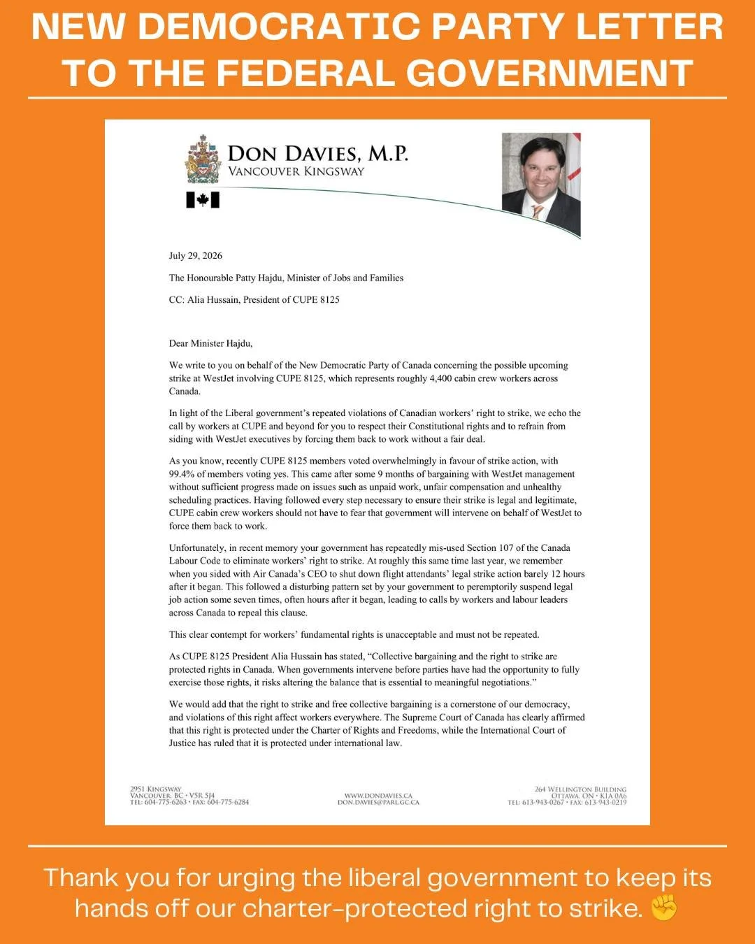 The NDP's Don Davies @mpdondavies is sending a clear message to the Liberal government: respect the collective bargaining process and allow it to function as intended under the Canada Labour Code, free from government interference.

Workers deserve t