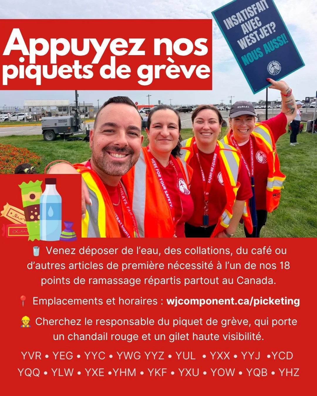 🚩 Want to support WestJet Flight Attendants on the picket line?

We're inviting community members, friends, family, and fellow union members to join us in solidarity by dropping off water, snacks, coffee, or other refreshments at any of our 18 picke