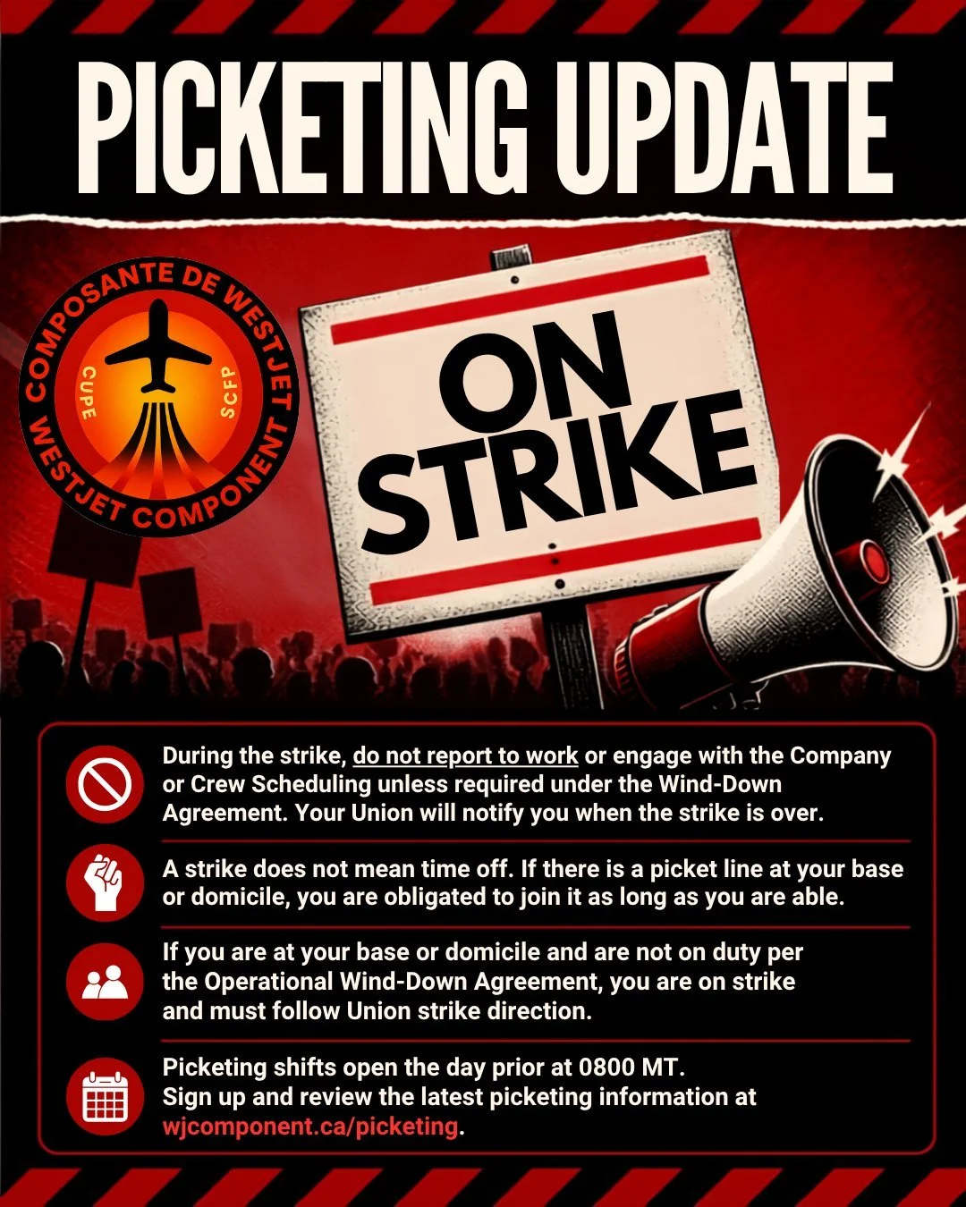Picketing Update 🚩

A reminder to all members: 

⚠️ Do not report for duty or engage with the Company or Crew Scheduling about work-related matters unless required under the Wind-Down Agreement.

🪧 If you are not working under the Operational Wind-