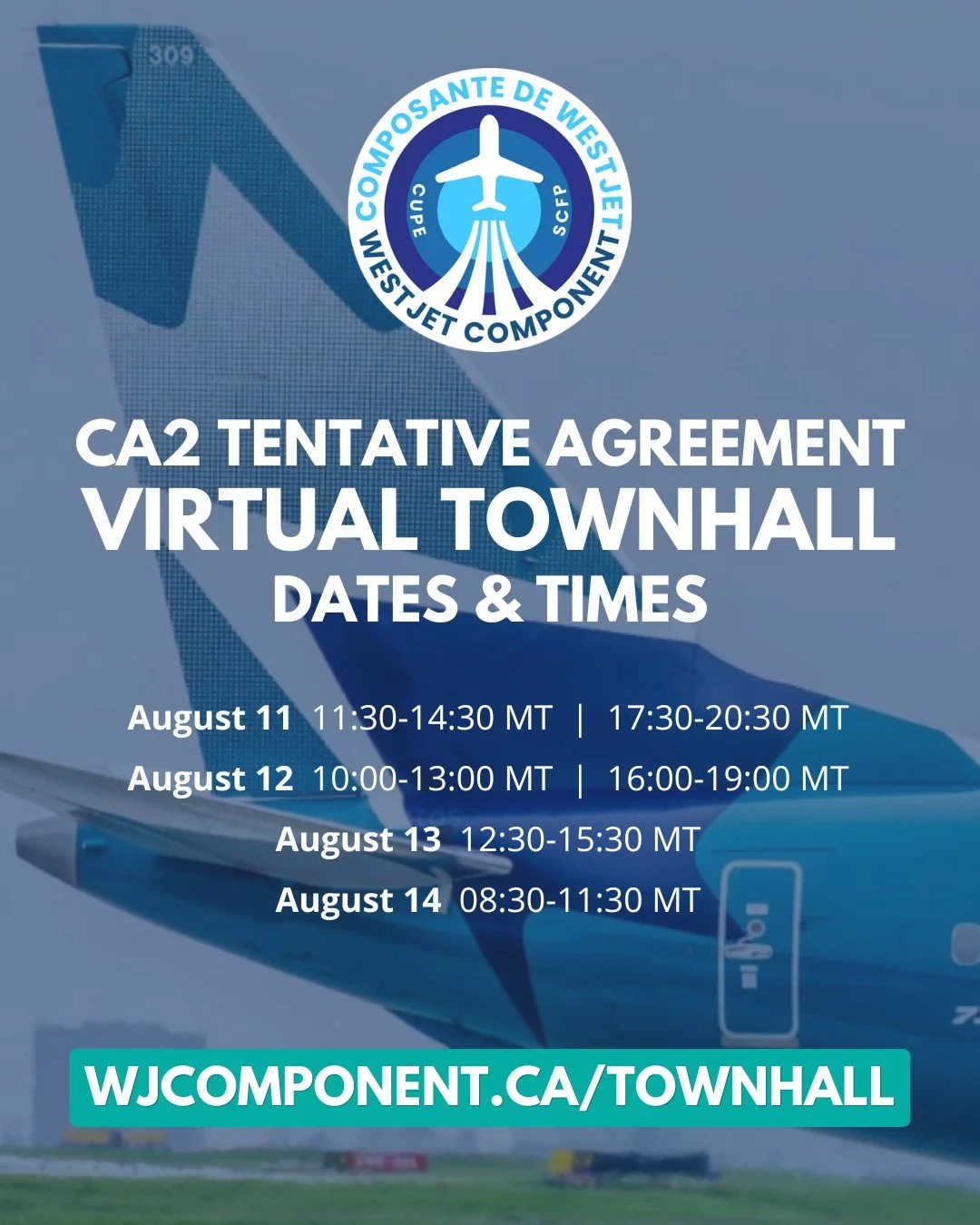 📣 CA2 Tentative Agreement Virtual Town Halls

Join your Bargaining Committee for an information session on the ratification process and a detailed review of the WestJet Mainline CA2 Tentative Agreement.

These town halls will provide members with an
