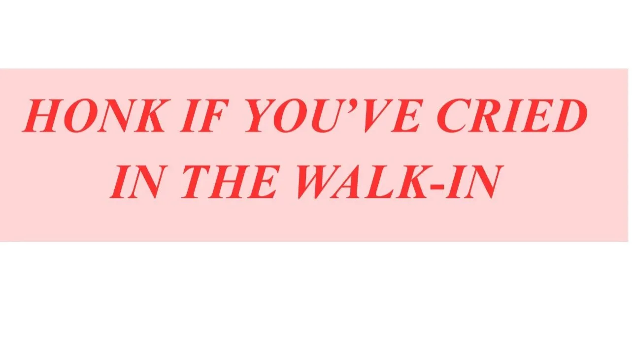 "HONK IF YOU'VE CRIED IN THE WALK IN" bumper sticker