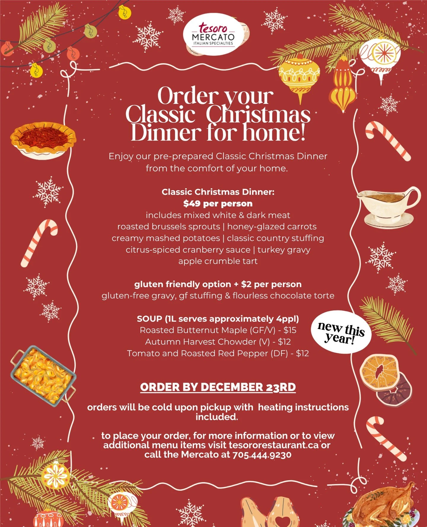 Our Classic Christmas Dinner for home is back for another year! Enjoy a chef-prepared turkey dinner without the stress. Our takeout Christmas menu includes all the classics, made fresh and ready to heat &amp; serve. ⁠
⁠
Visit the Tesoro Mercato's NEW