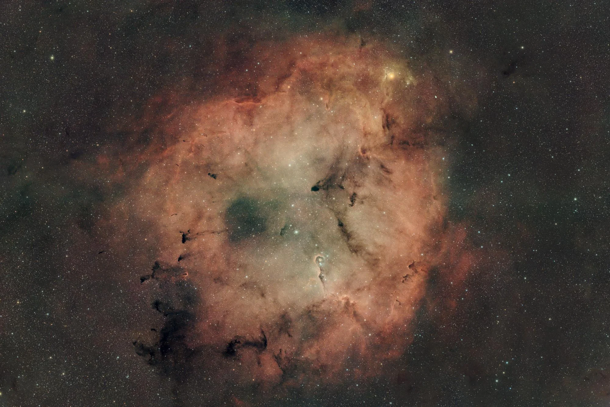 This is called the Elephant Trunk Nebula and cataloged as IC1396.  The "trunk" is just a small part of the overall nebula - the visual size is wider than 5 full moons.  Zoom in and look close .  It is absolutely mesmerizing.  This is a mosaic created