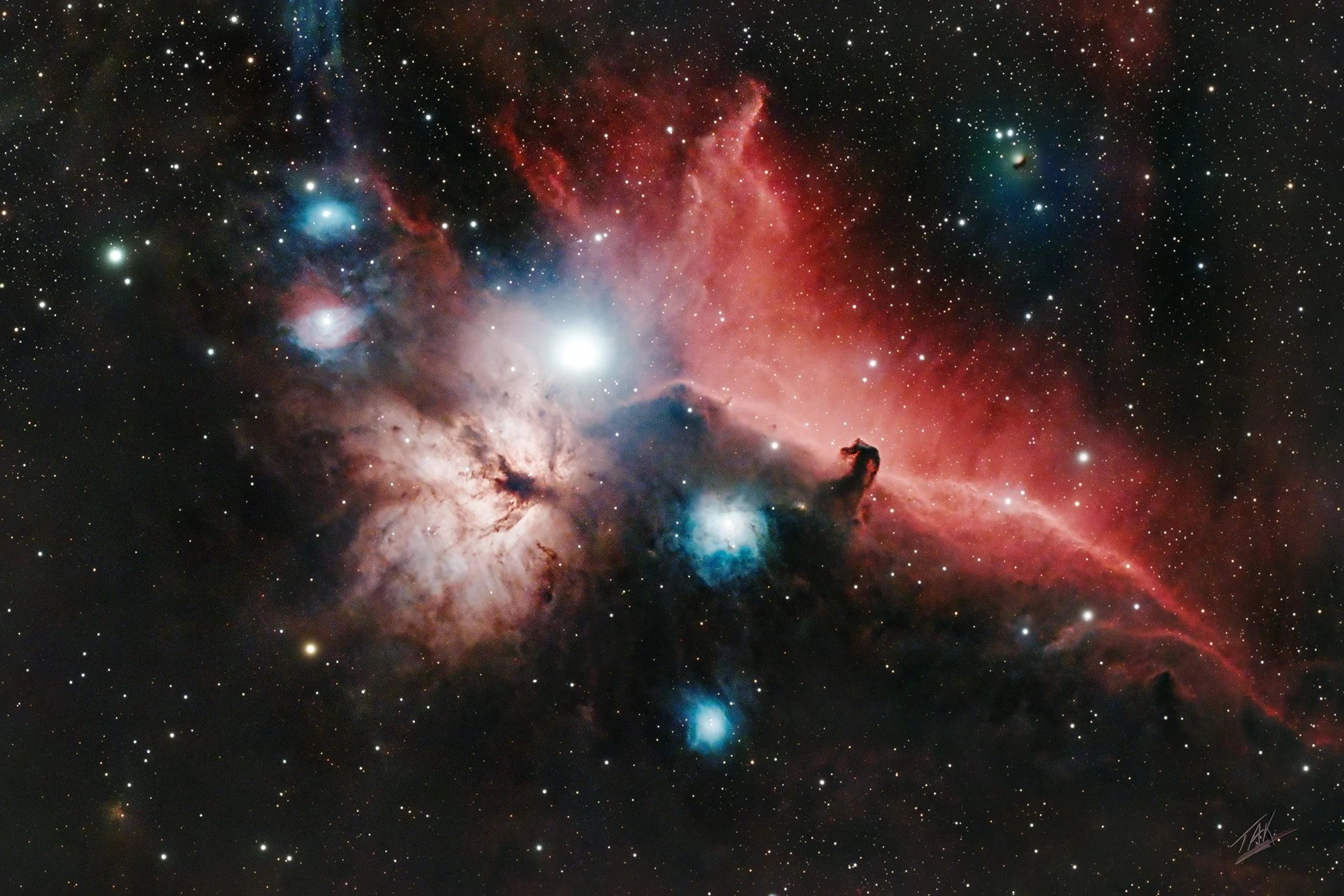 The Horsehead Nebula is a small dark nebula located about 1,375 light-years from Earth in the constellation of Orion.