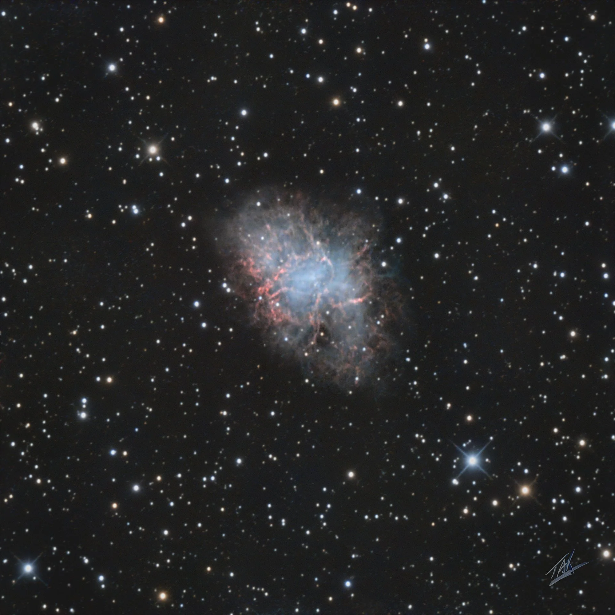 The Crab Nebula is a supernova remnant, a nebula from a long ago exploded star, in the constellation of Taurus.  It is 6,500 light years from Earth.  The image is made up of 63 three-minute exposures.   