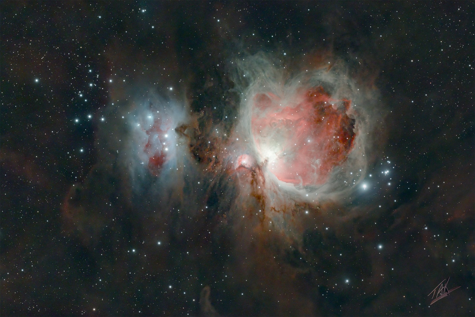 The Orion Nebula is visible with the naked eye even from areas affected by light pollution.  This image is a stack of 126 two-minute long exposures.