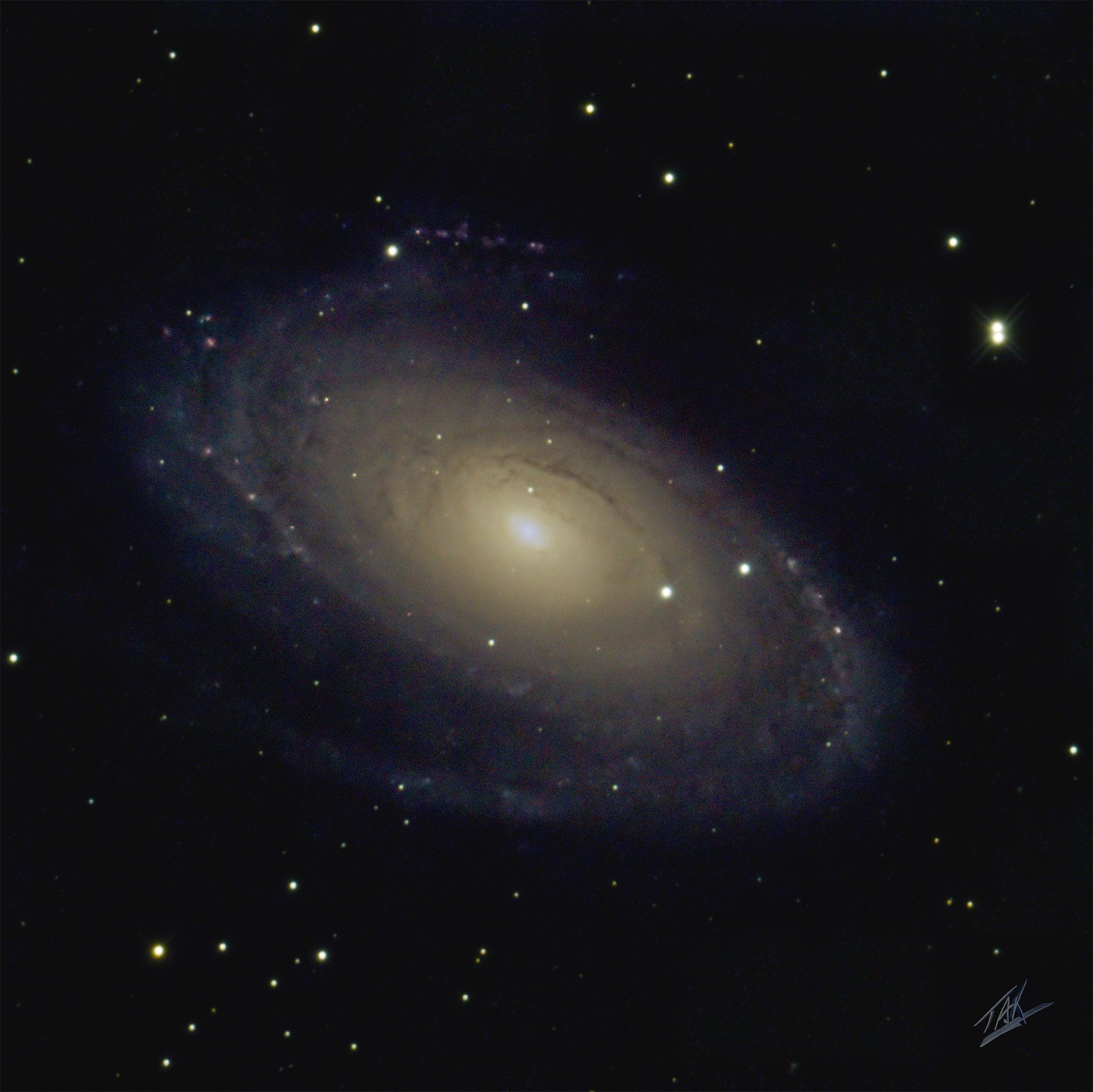 Messier 81 is also known as Bode's Galaxy.  It is a grand design spiral galaxy about 12 million light-years away in the constellation Ursa Major.  This image is compiled from 50 three-minute exposures.