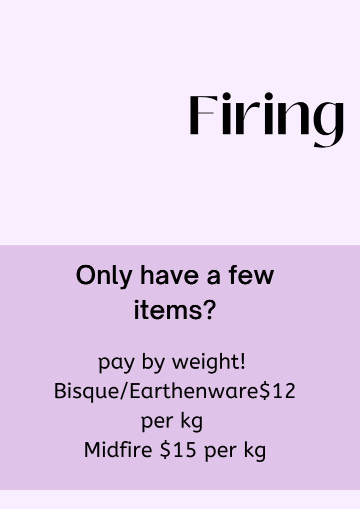A flyer advertising firing services, detailing pricing for items by weight and large quantities, with options for full shelves and full kilns, and payment methods including EFTPOS and cash, featuring an illustration of a person using a kiln.