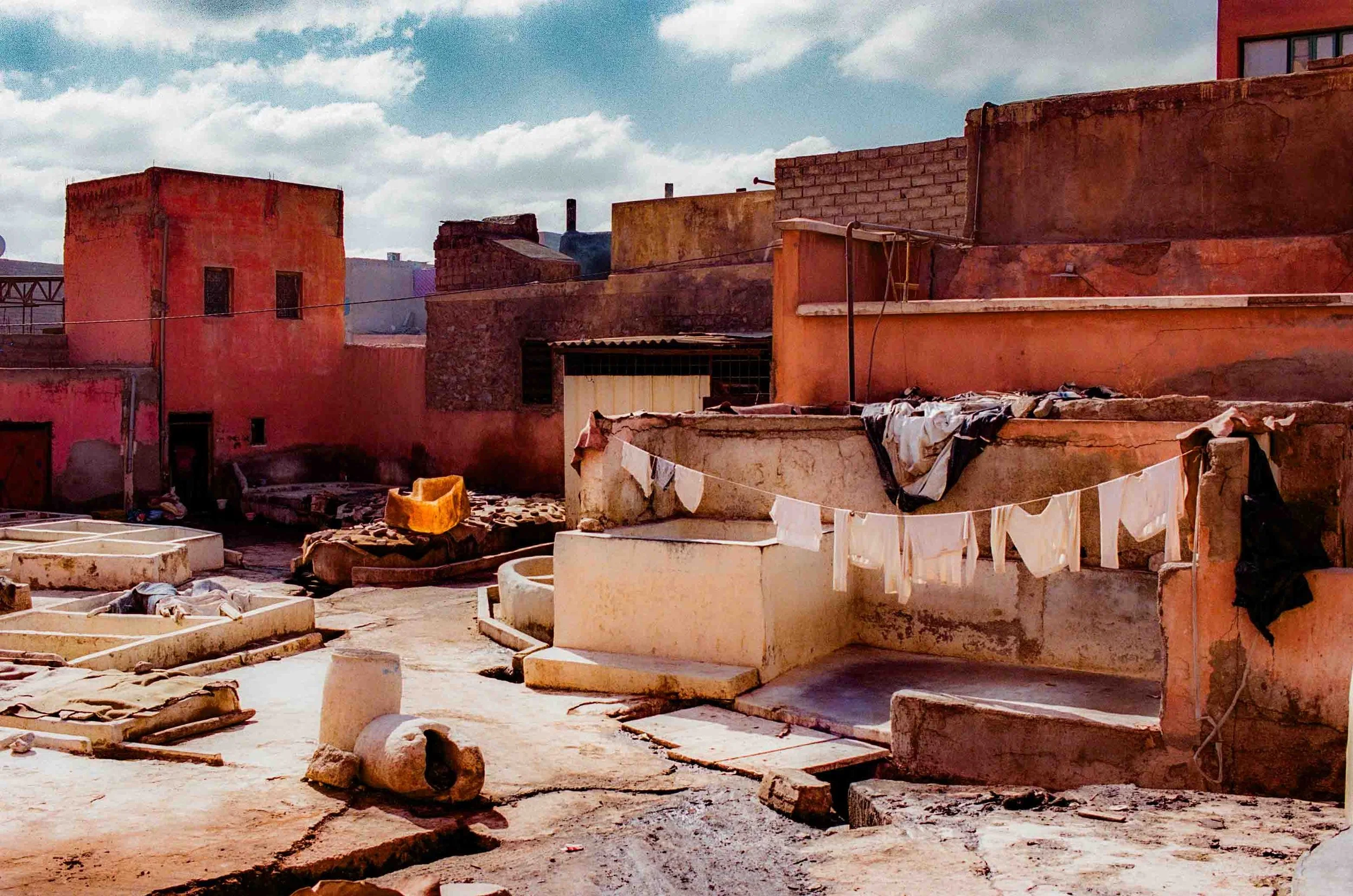 Rammed earth, hides drying