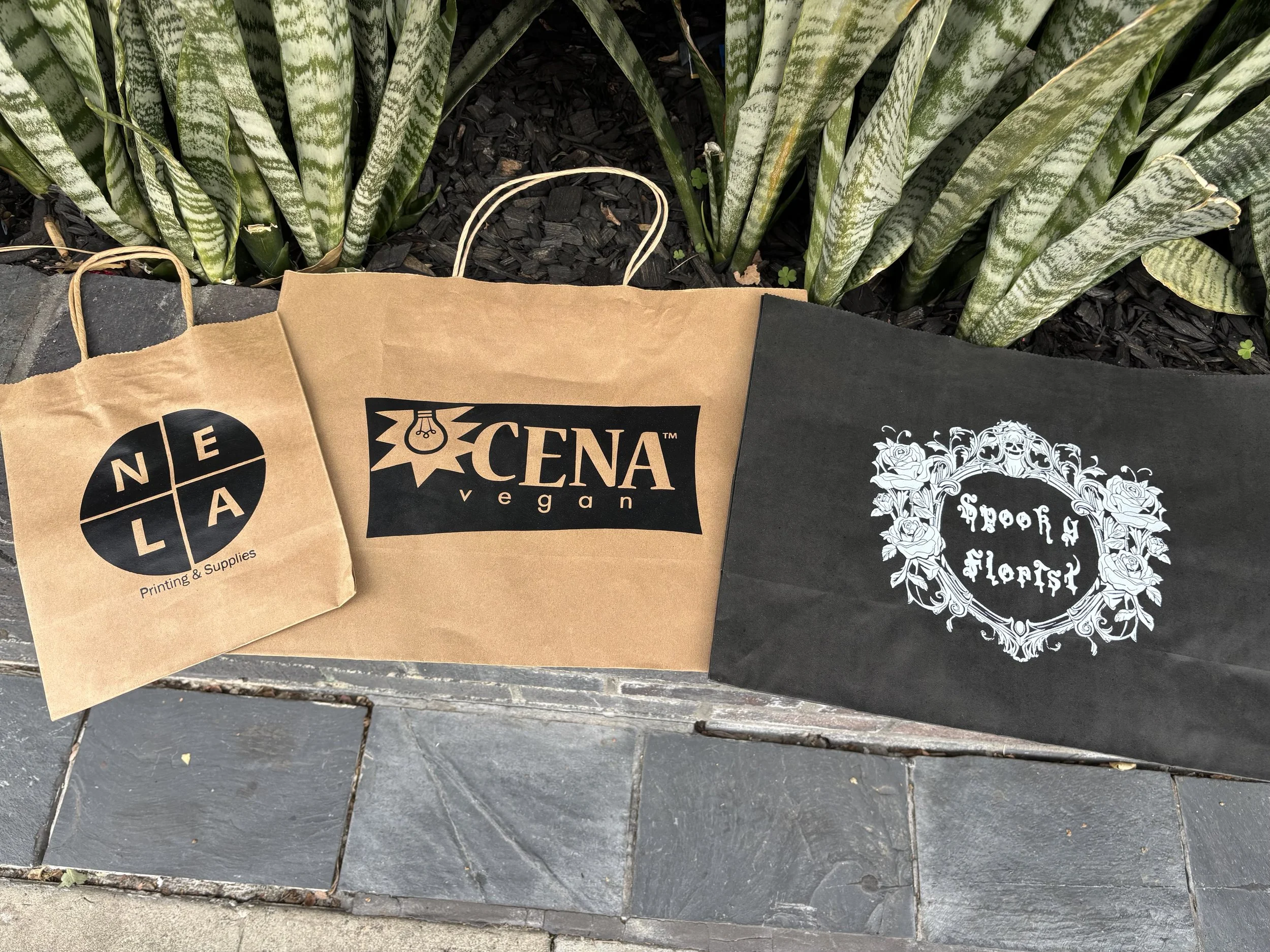 Three paper shopping bags with different logos, placed on stone pavement in front of a garden with green leafy plants. The first bag is light brown with a circular logo featuring the letters N, E, L, A, and the words 'Printing & Supplies' underneath. The second bag is also light brown with a black logo that reads 'CENA Vegan' with a lightbulb illustration. The third bag is black with a white floral design and the words 'Hook & Flory' inside a decorative heart-shaped wreath.