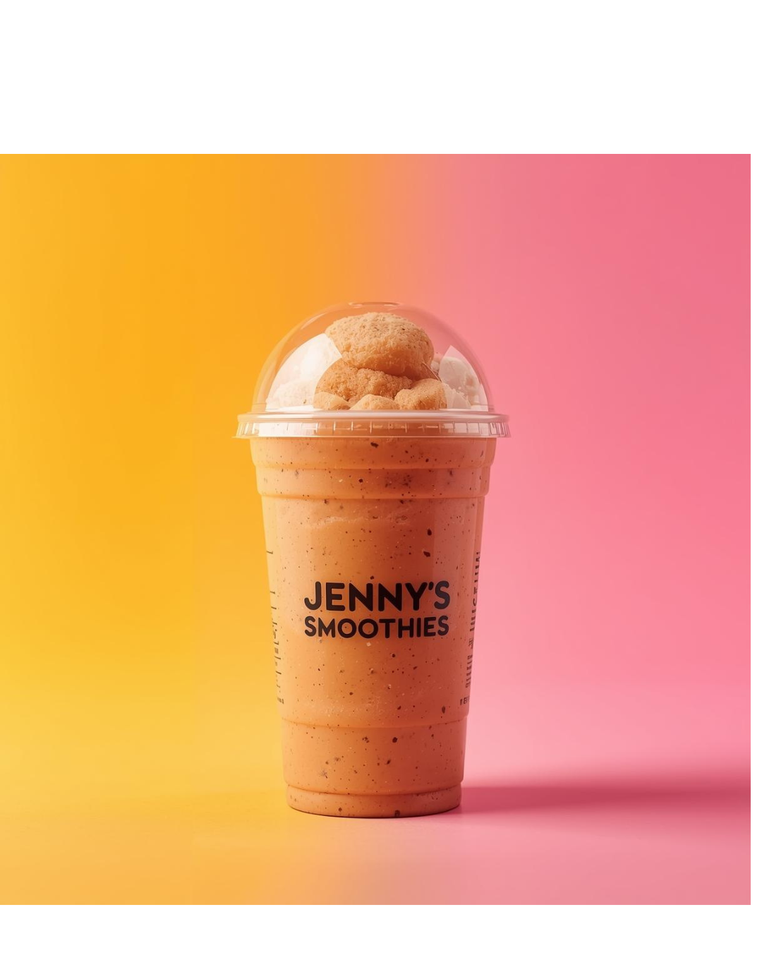 A peach-colored smoothie in a clear plastic cup with a dome lid, topped with cookies and whipped cream, labeled 'JENNY'S SMOOTHIES' against a pink and yellow gradient background.