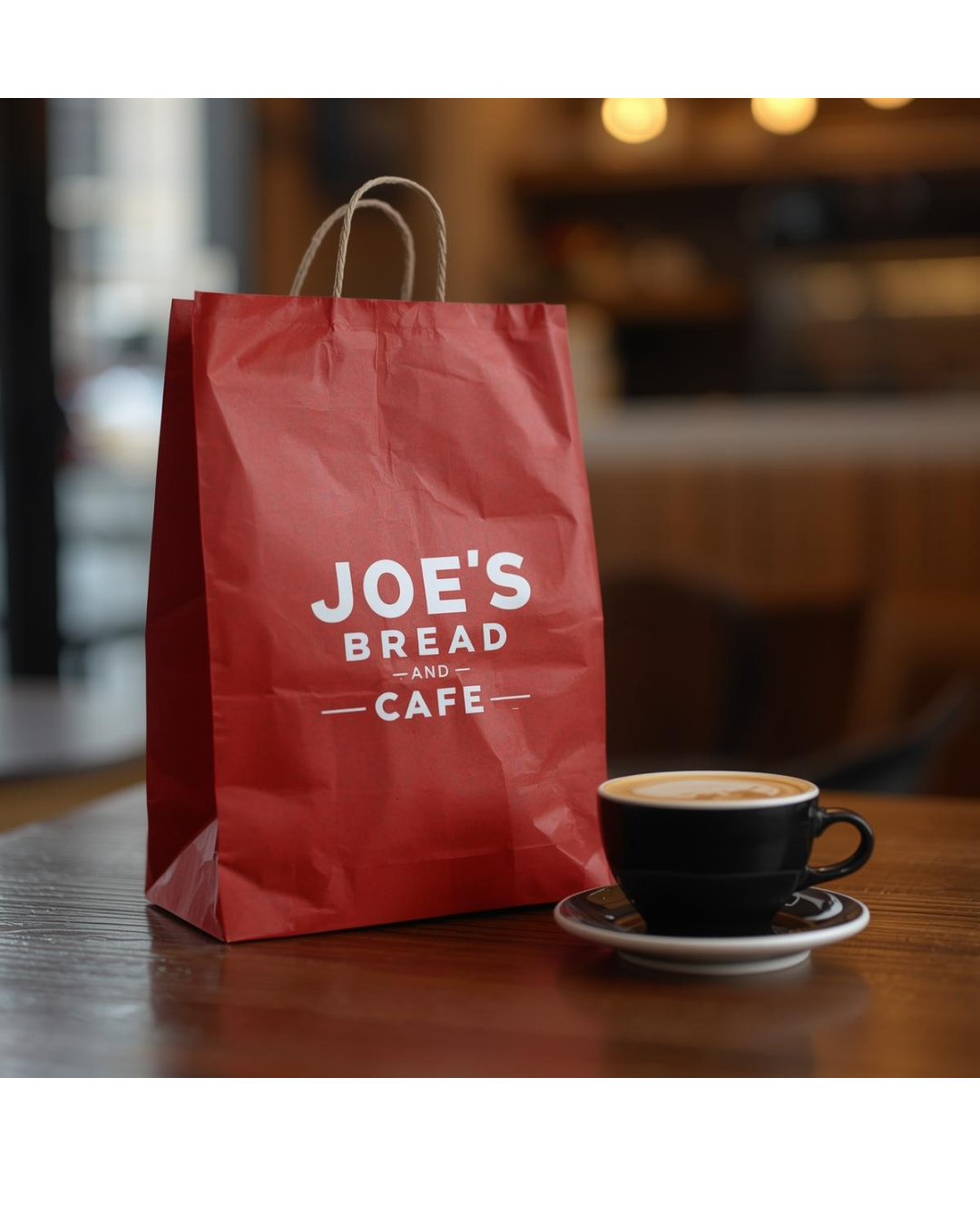A red paper takeout bag with "Joe's Bread and Cafe" logo next to a black cup of coffee on a saucer, placed on a wooden table inside a cozy cafe.