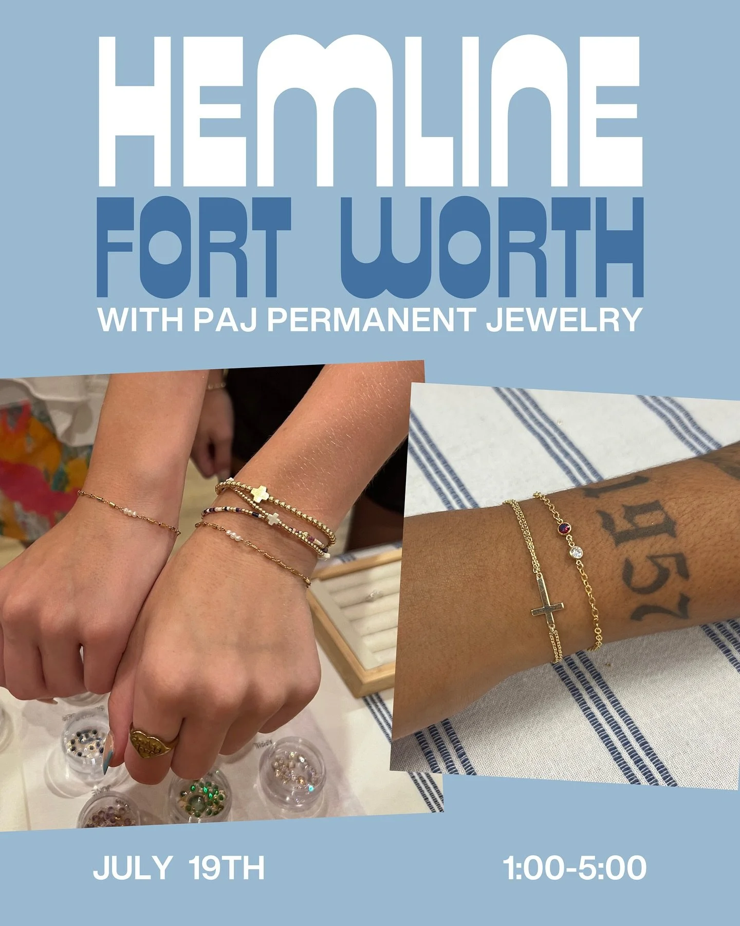 SATURDAY!!

Come see us this Saturday, July 19th from 1:00-5:00 at @hemlineftworth !!! Come shop and get some jewelry! See you soon! 💙💙

#pajpermanentjewelry  #fortworth #fredericksburg  #permanentjewelry #tcu #handchains #waistchains #summer #heml