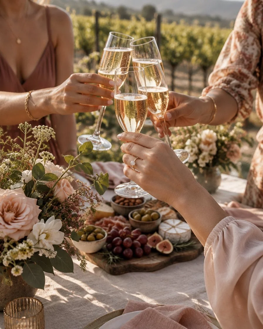 Hens party wine tasting in the Hunter Valley with the bride-to-be and friends raising glasses