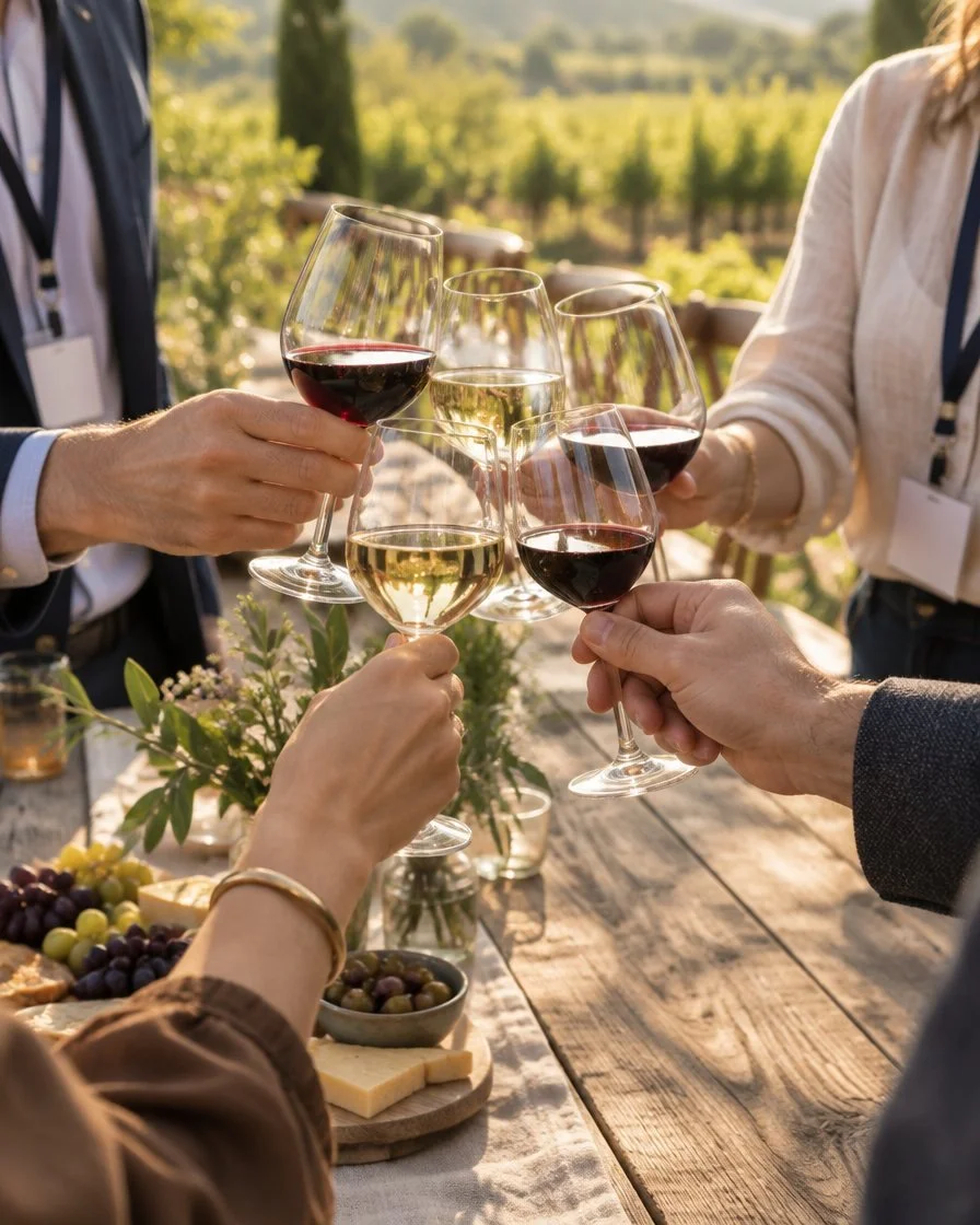 Conference guests toasting with red and white wine on a Hunter Valley vineyard terrace