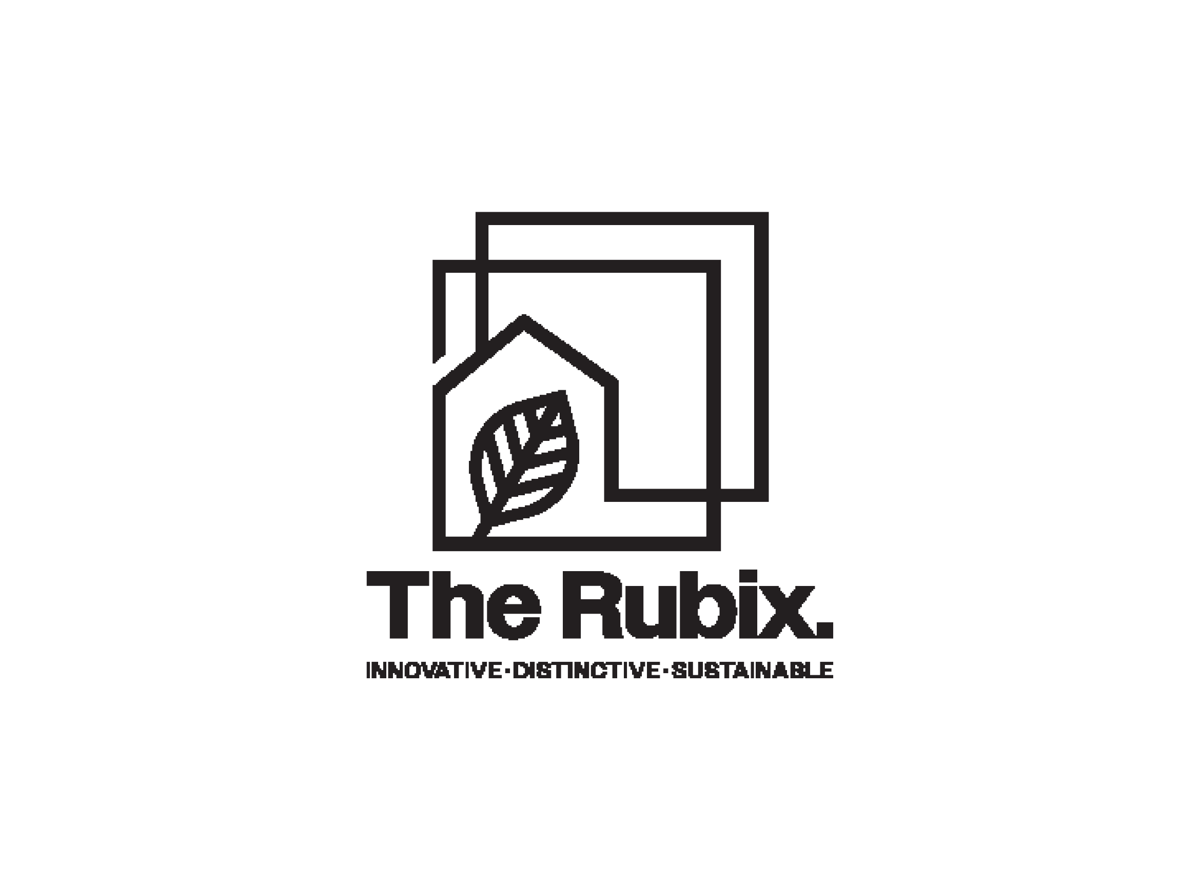Logo for The Rubix, which features a leaf design inside an outline of a house, with the taglines "Innovative," "Distinctive," and "Sustainable."