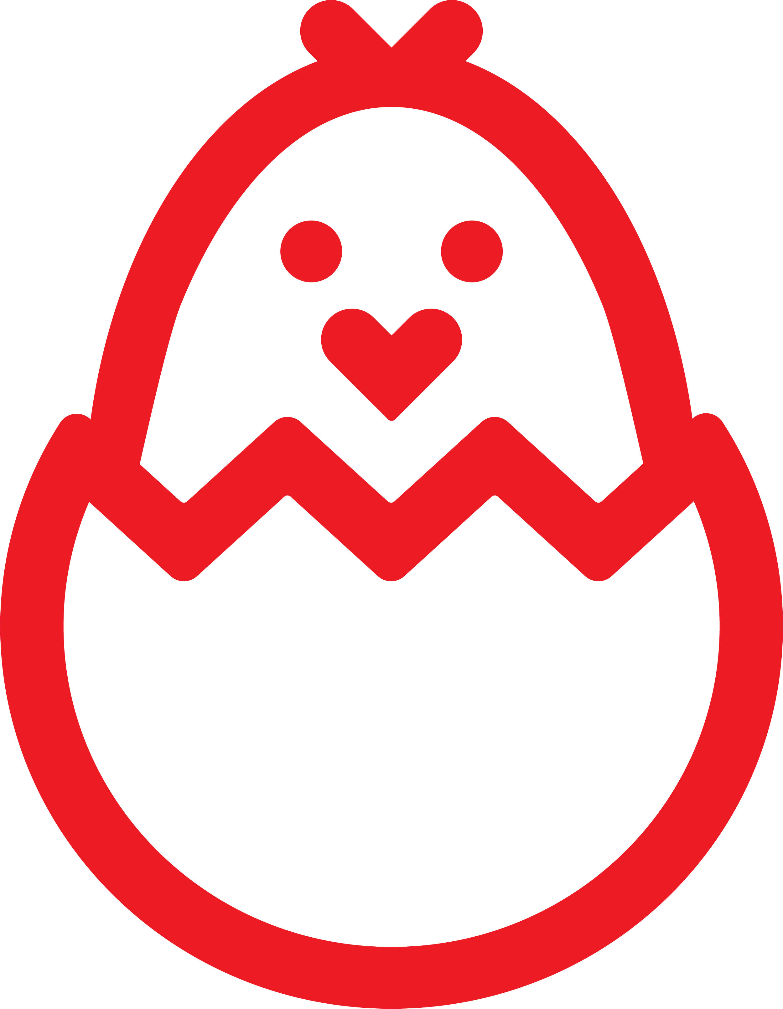 Red outline drawing of a baby chick hatching from an eggshell with heart-shaped eyes and beak.