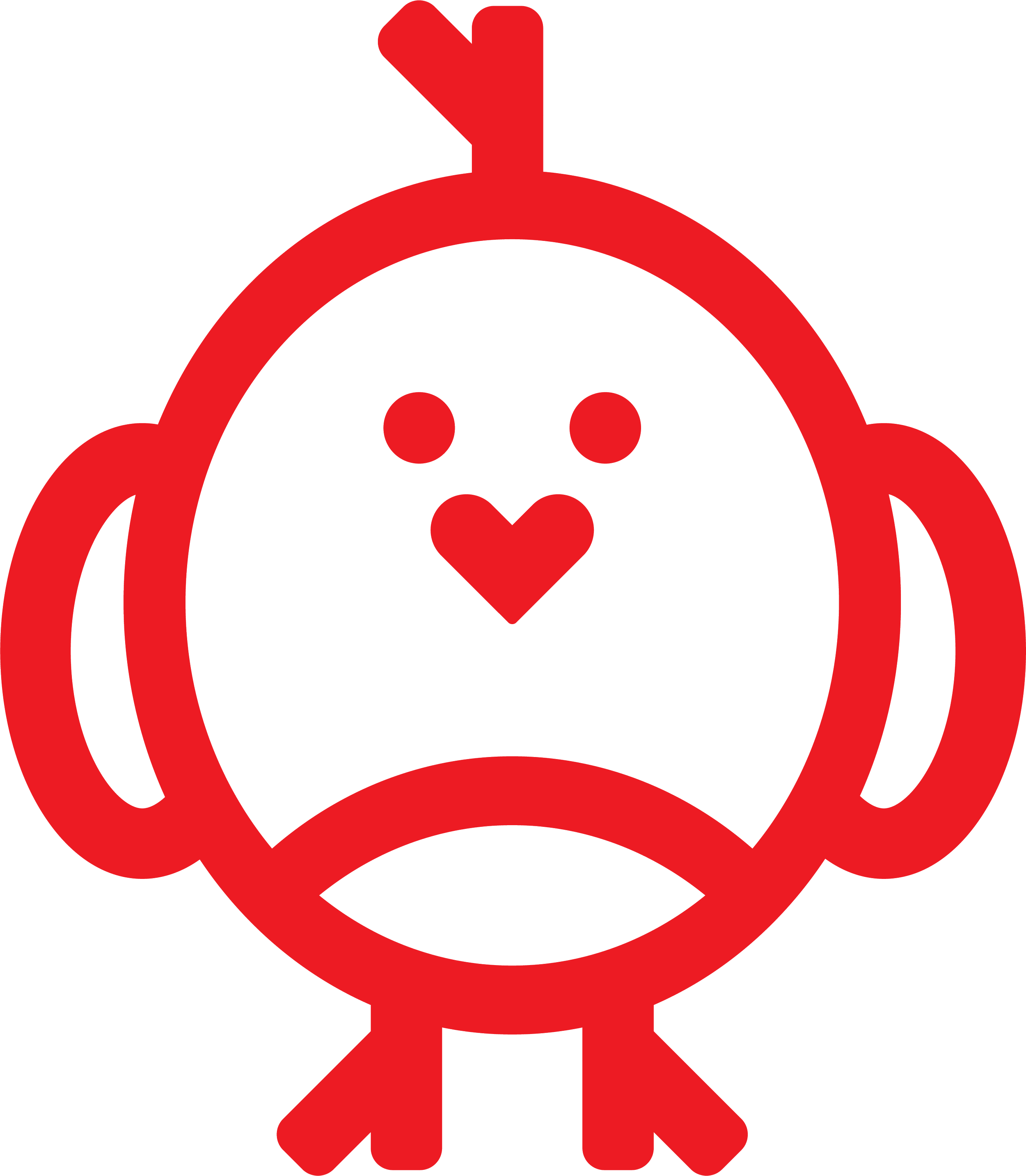 Red outline of a robot with a heart-shaped face and a heart-shaped nose, two eyes, and heart-shaped antenna.