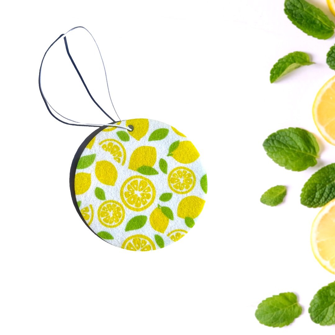 Handcrafted car accessory bundle featuring fresh lemon and leaf pattern design - includes air freshener