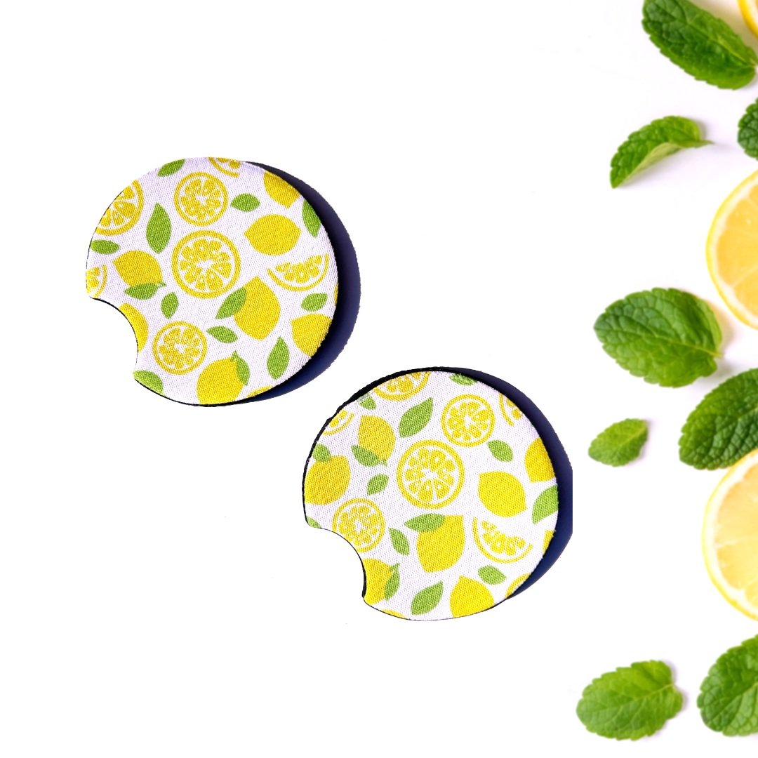 Handcrafted car accessory bundle featuring fresh lemon and leaf pattern design - includes air freshener