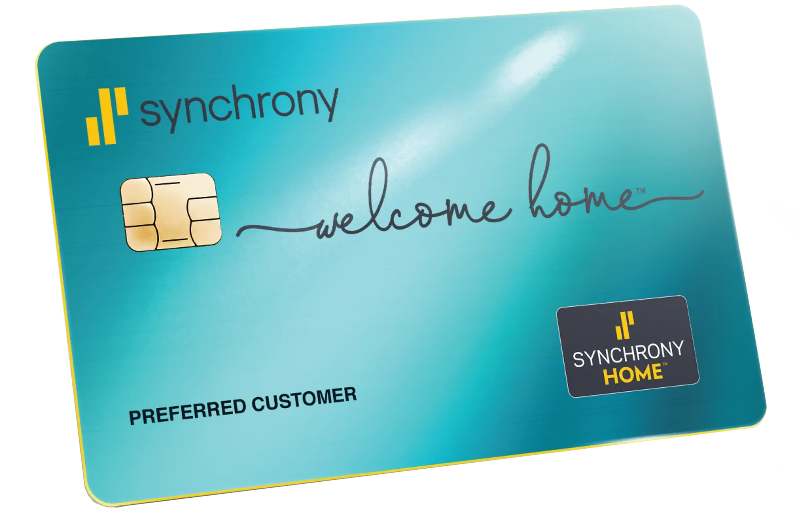 A blue Synchrony Home credit card with the words "welcome home" in cursive and "Preferred Customer" printed on it.