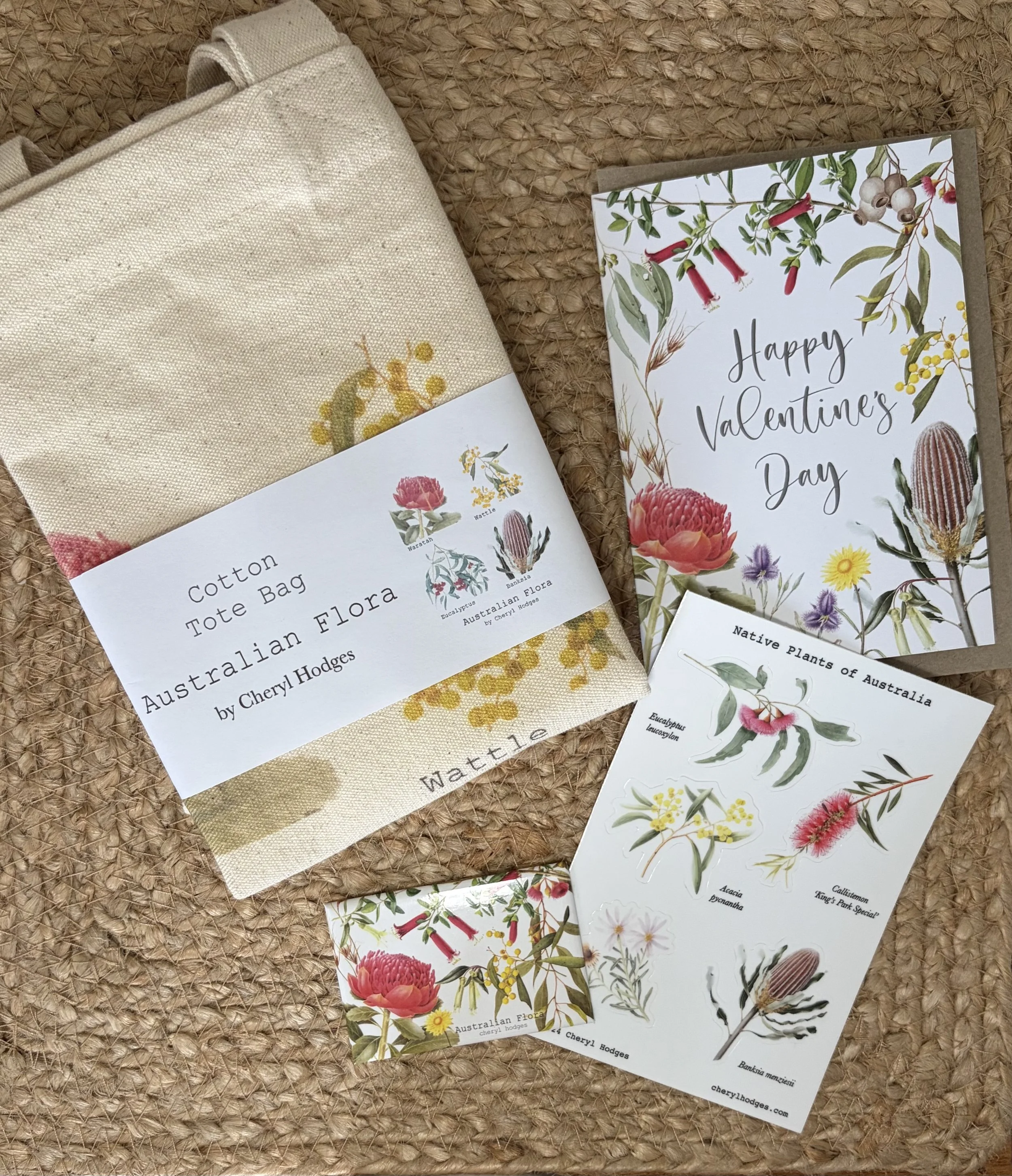 Australian Flora Gift set  - Valentine's Day - Tote bag, magnet, sticker sheet, greeting card