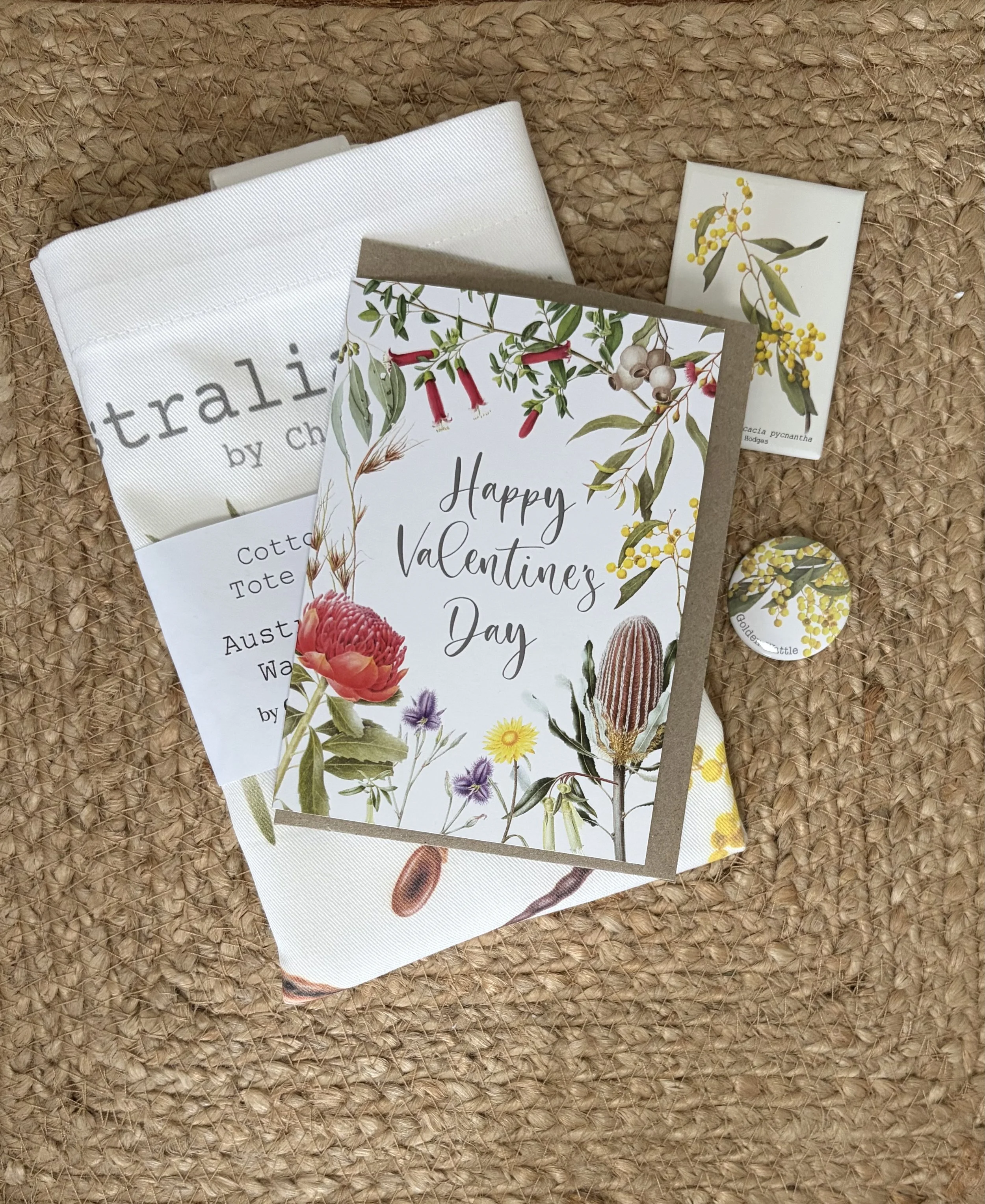 Australian Wattle Gift set  - Valentine's Day - Tote bag, magnet, button pin, greeting card
