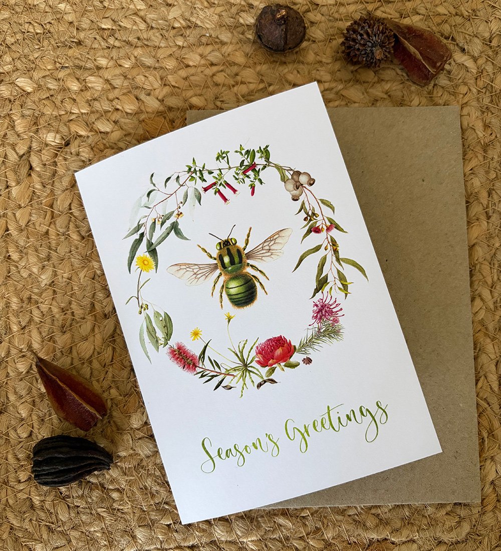 Christmas card - Green Carpenter Bee and wreath