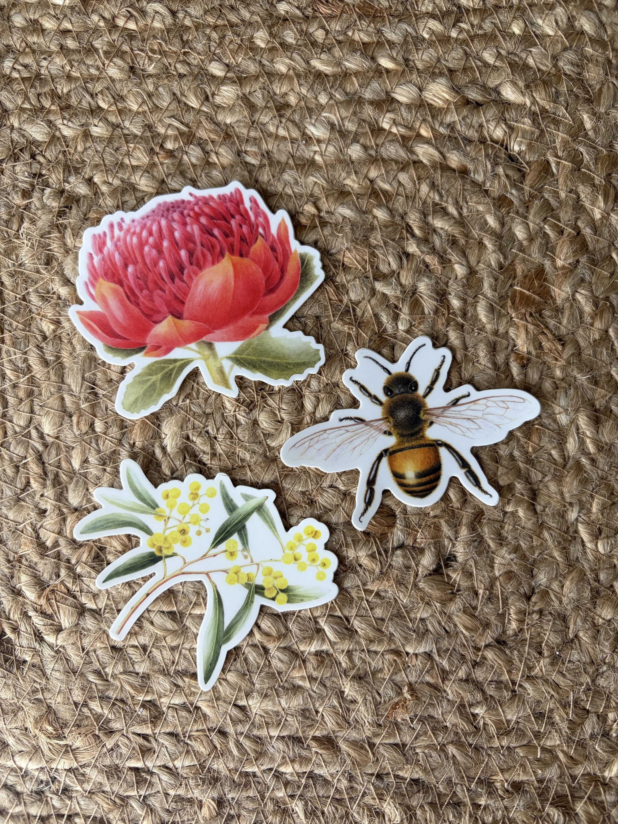 Stickers set of 3, Waratah, Golden Wattle, Honey Bee