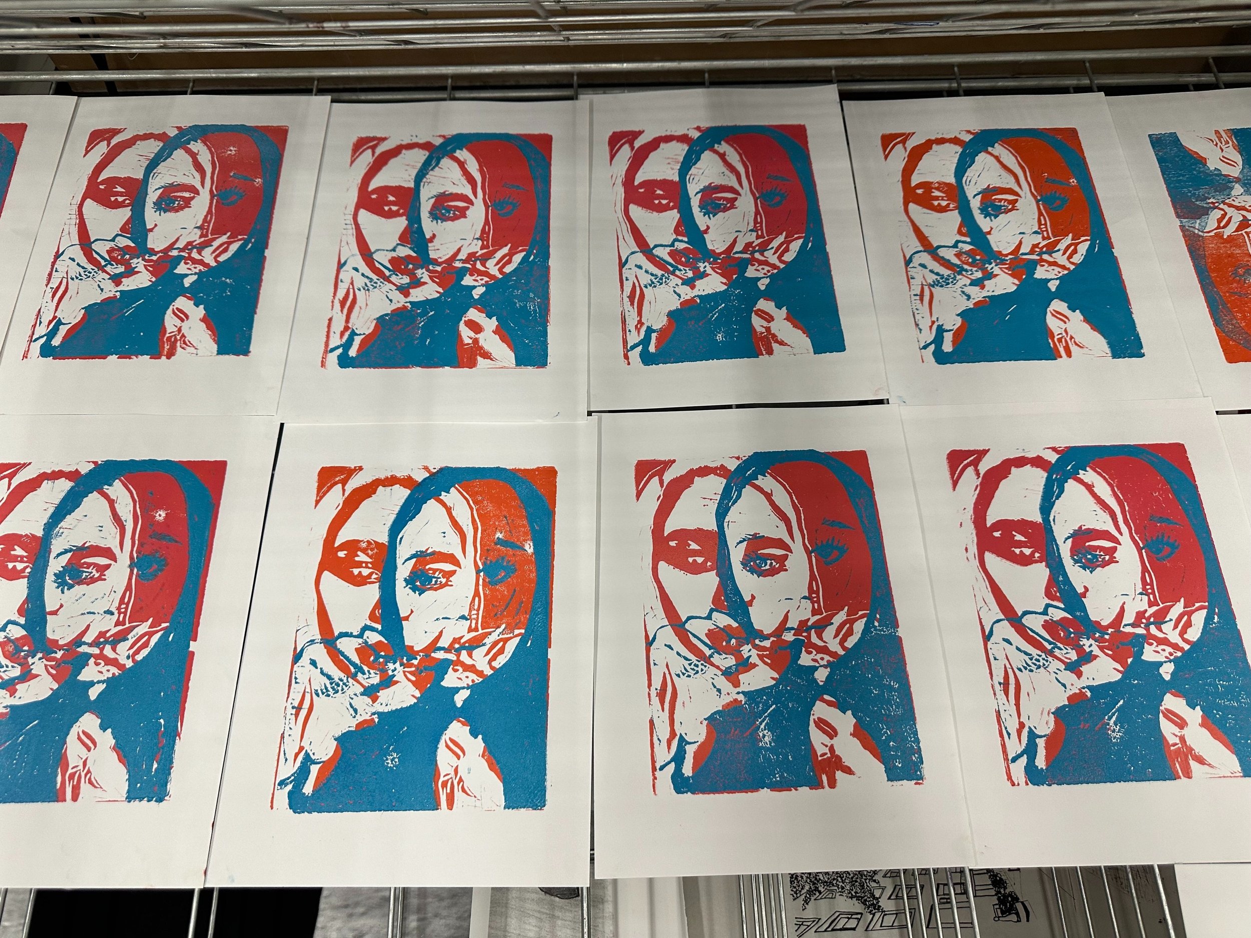 "Self Portrait" Finished Project. Linocut on Awagami Kozo Paper, May 2024