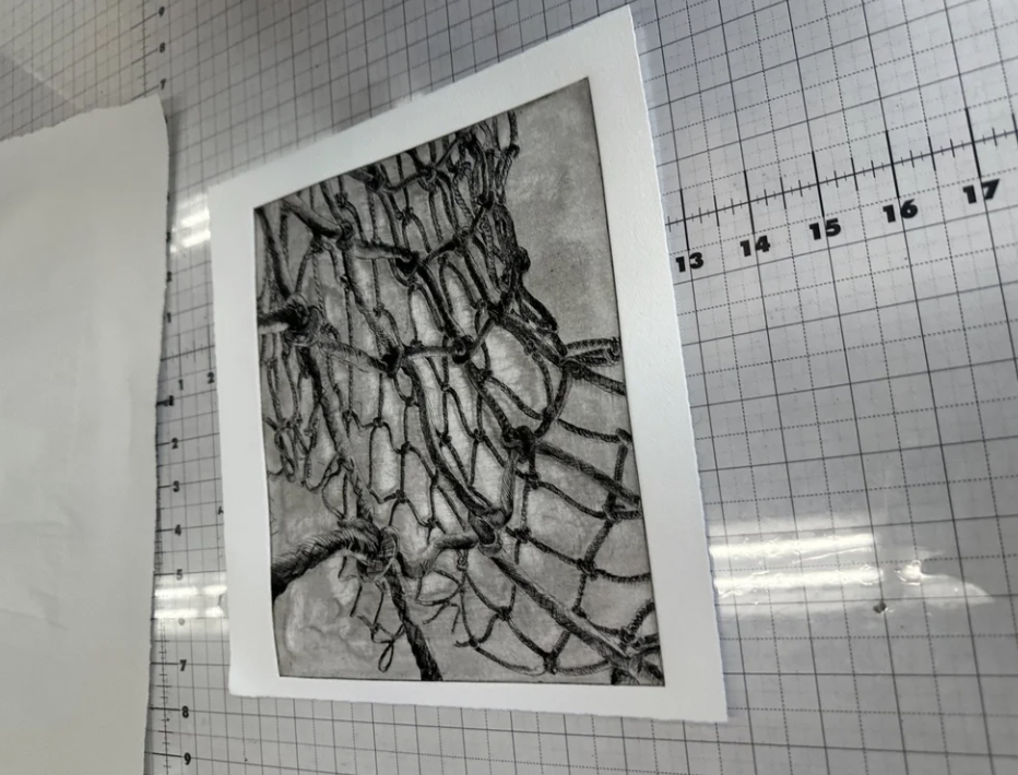 "Net Series: Ladder" Drawing by Paloma Barhaugh-Bordas, Assisted etching and printing by Ella Cote, 2024 on Awagami Kozo Paper
