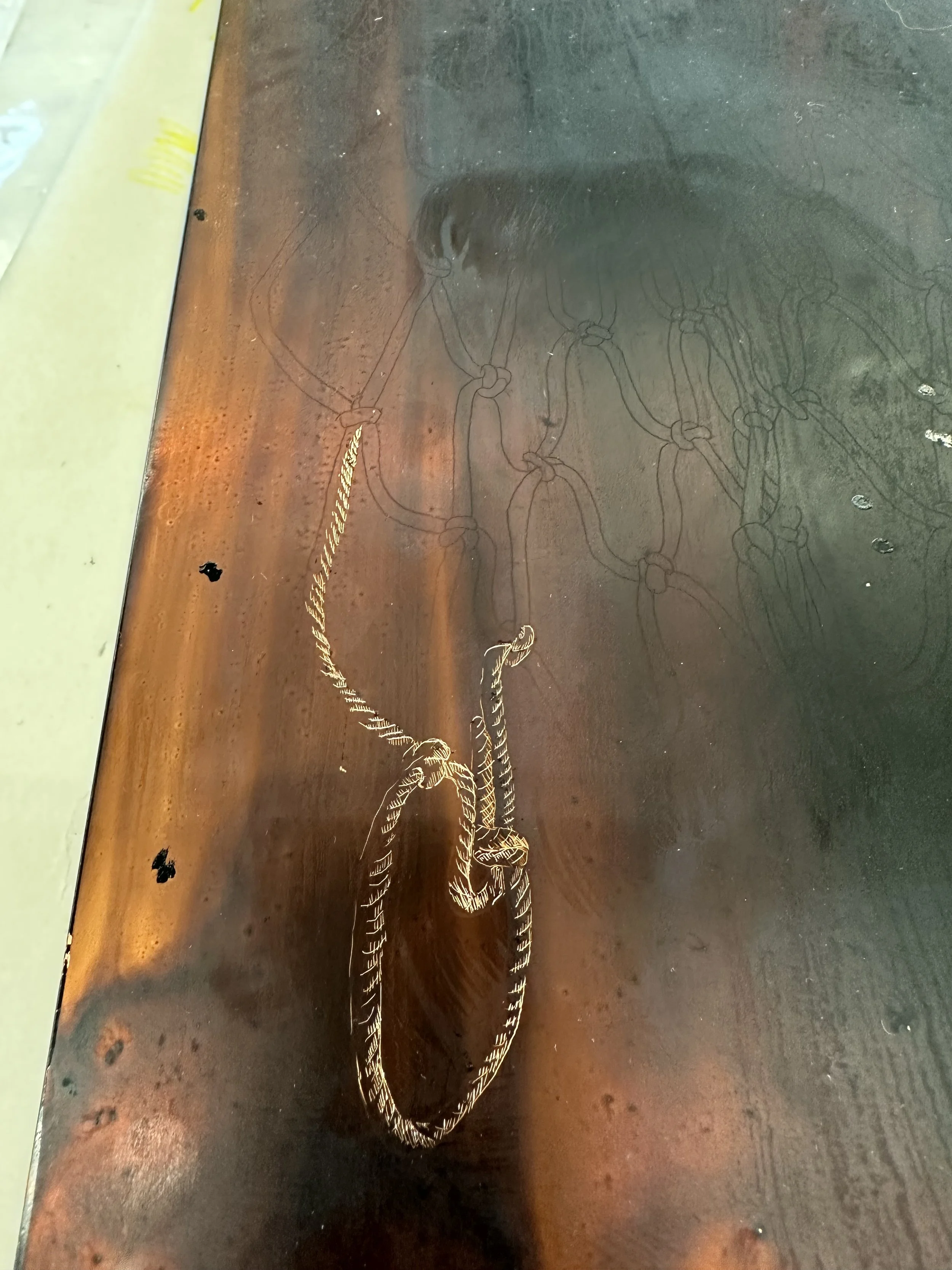 "Nets Series" Drawing by Paloma Barhaugh-Bordas, Assisted etching and printing by Ella Cote, 2024 copper plate