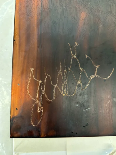 "Nets Series: At Rest" Drawing by Paloma Barhaugh-Bordas, Assisted etching and printing by Ella Cote, 2024 on copper plate