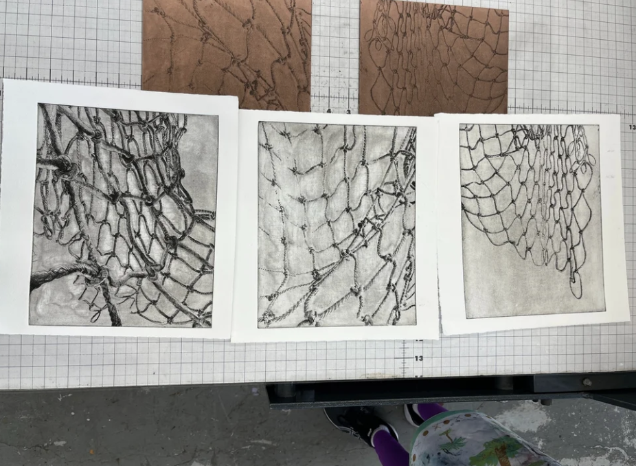 "Net Series: Ladder (Left) Tense (Middle) and At Rest (Right)" Drawing by Paloma Barhaugh-Bordas, Assisted etching and printing by Ella Cote, 2024 on Awagami Kozo Paper